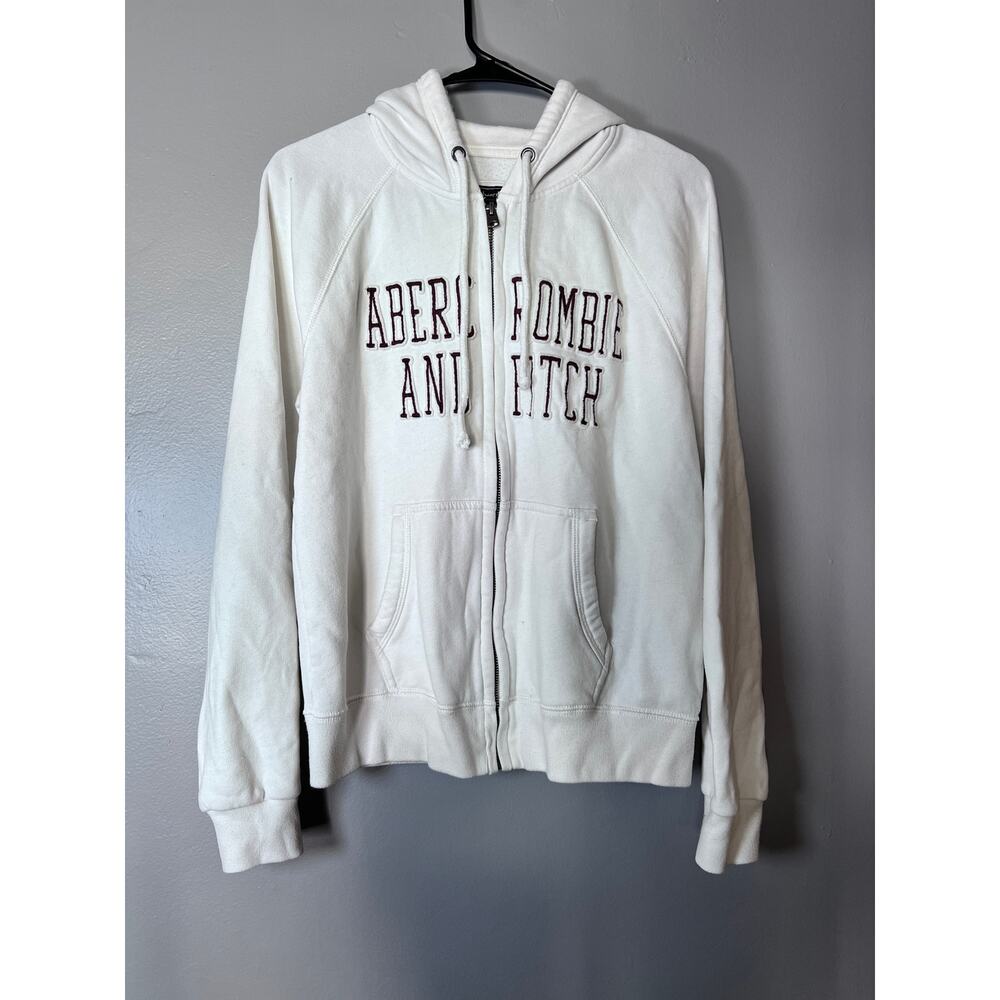 ✨ABERCROMBIE & FITCH Hoodie Women Small White Zip Up Sweatshirt Logo Embroidered